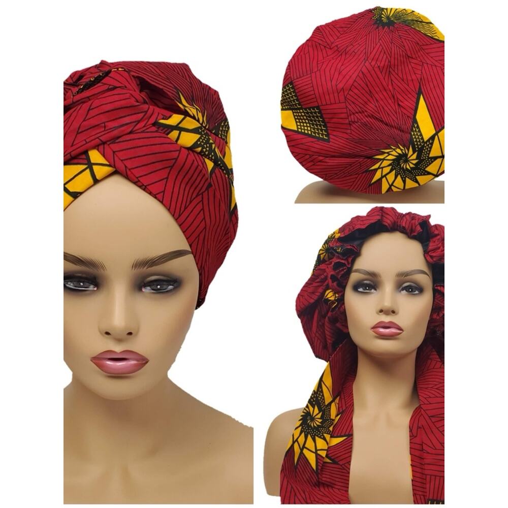 African Print Red & Yellow Satin-Lined Head Wrap Turban